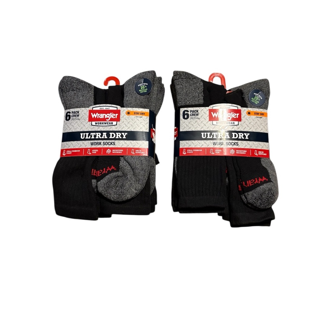 Wrangler Black & Gray Ultra Dry Men's Crew Work Socks - two 6 Packs
